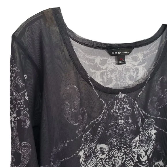 Rock & Republic Size XL Shirt Sheer Mesh Cheetah Head Print Long Sleeve Pullover - Picture 4 of 9